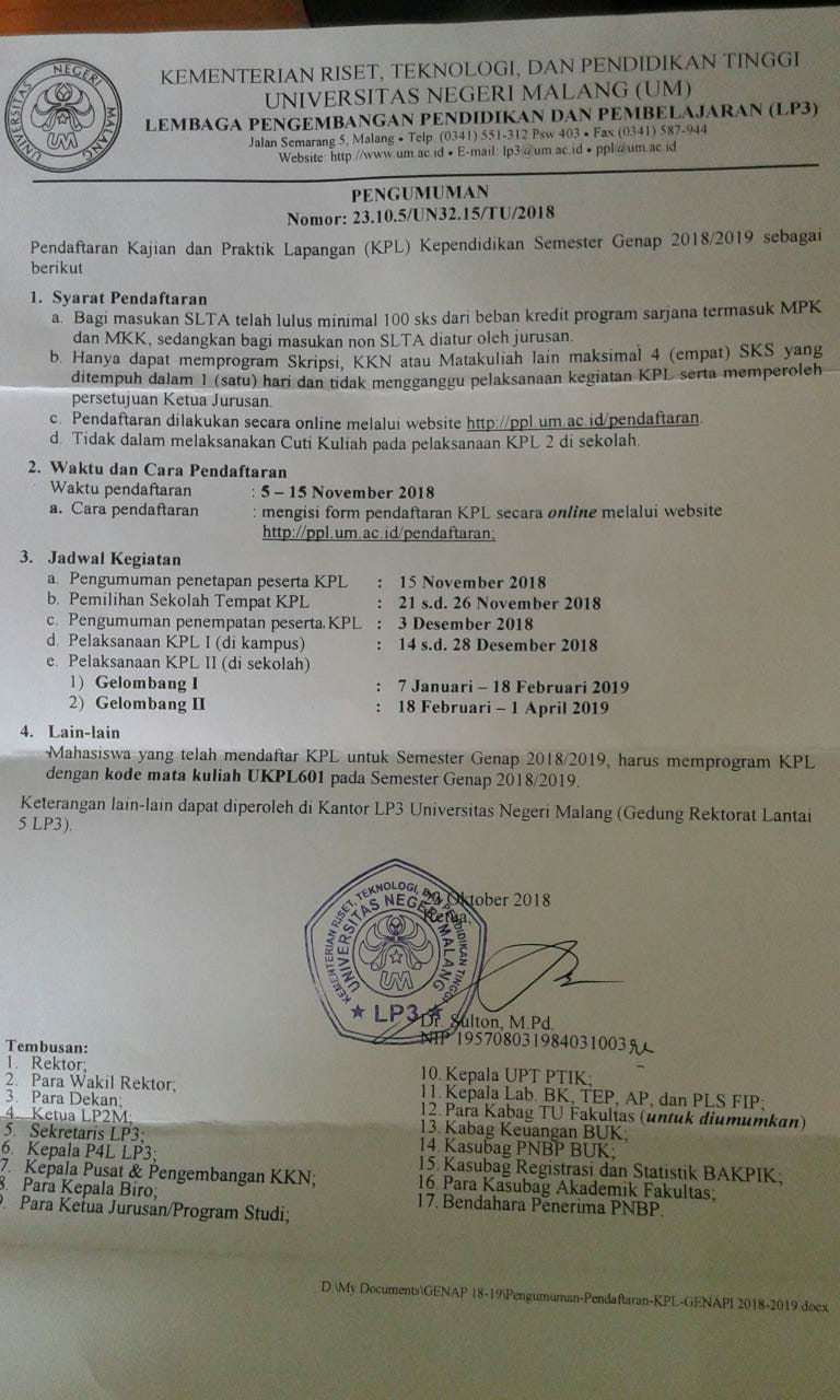 Pengumuman KPL Semester Genap 2018-2019